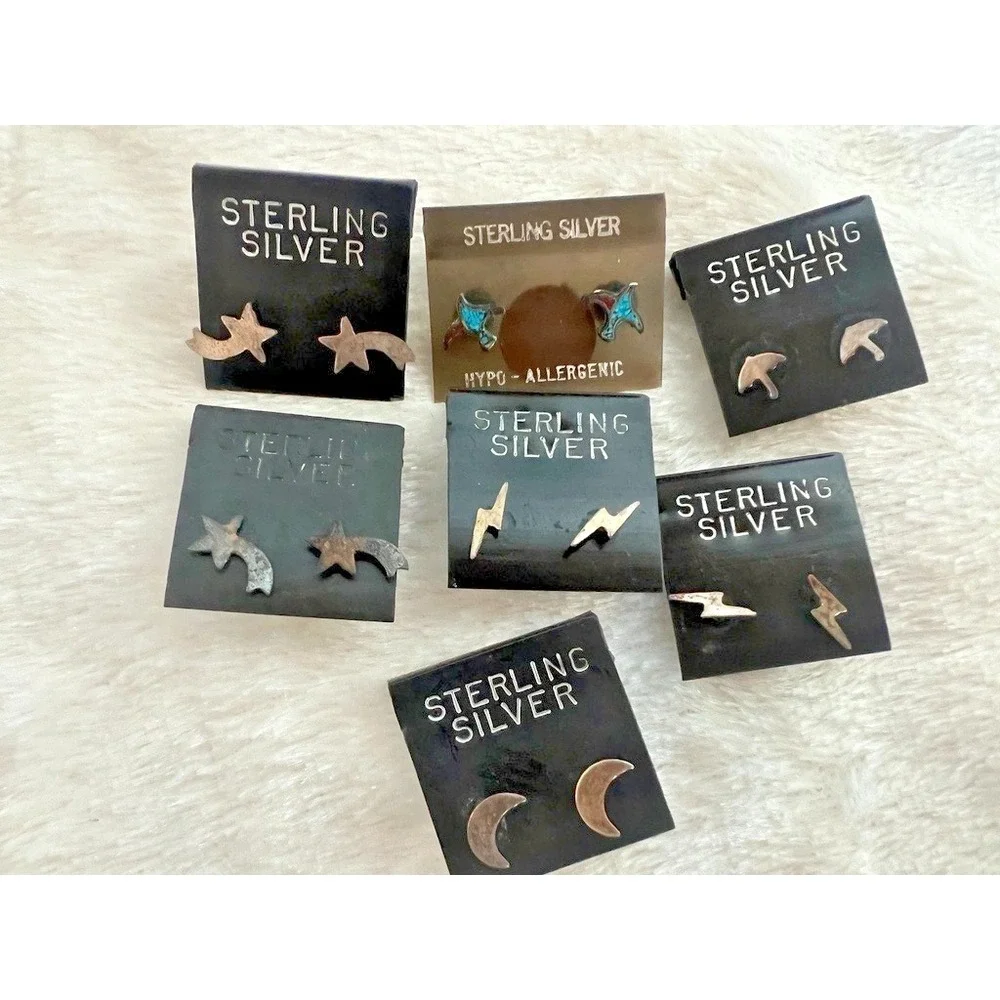 Lot Sterling Silver Stud Earrings Tiny Lightning Bolt Moon Star Rain Turquoise - Picture 2 of 13